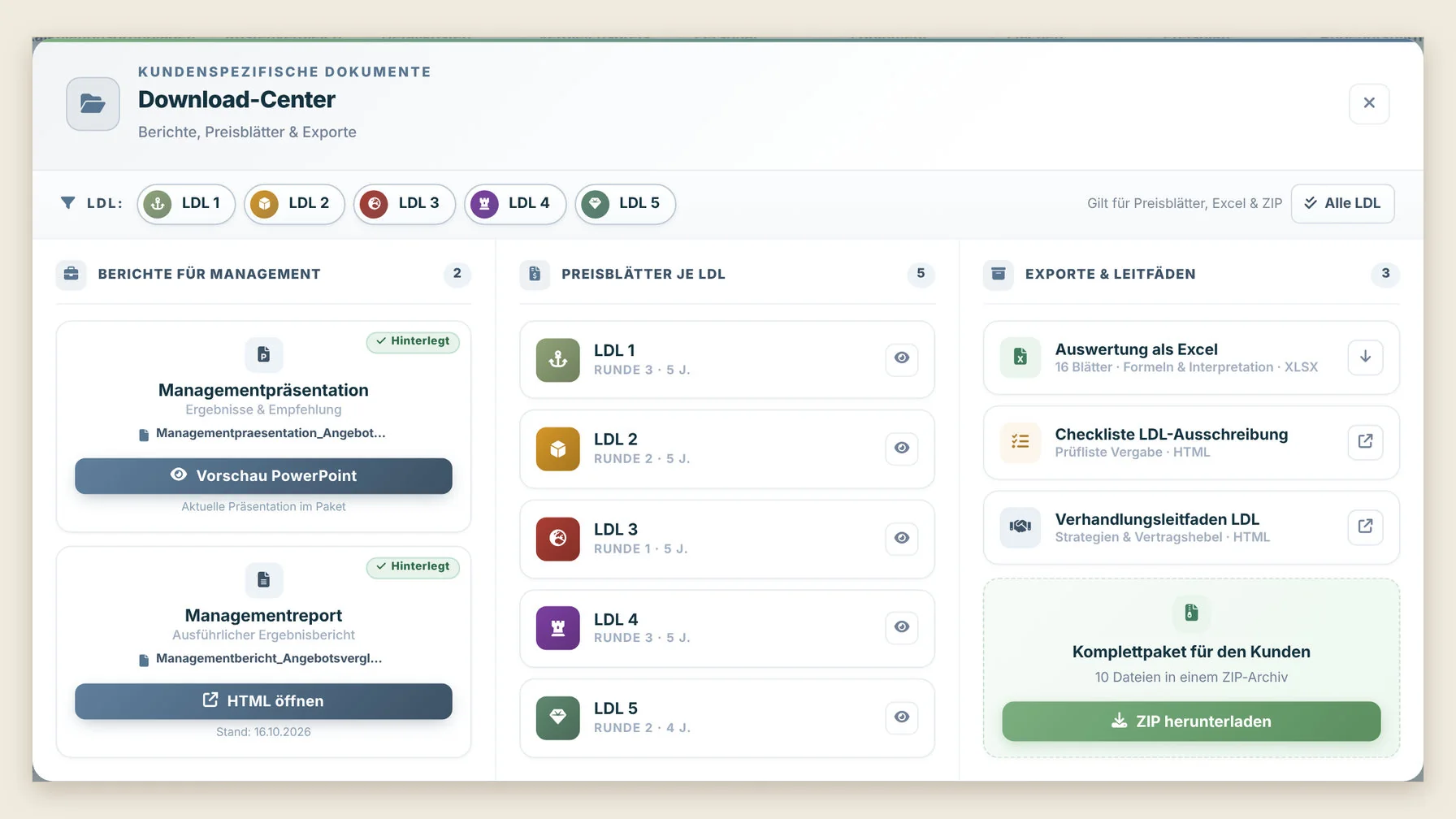 Download-Center mit Berichten, Preisblättern und Exporten