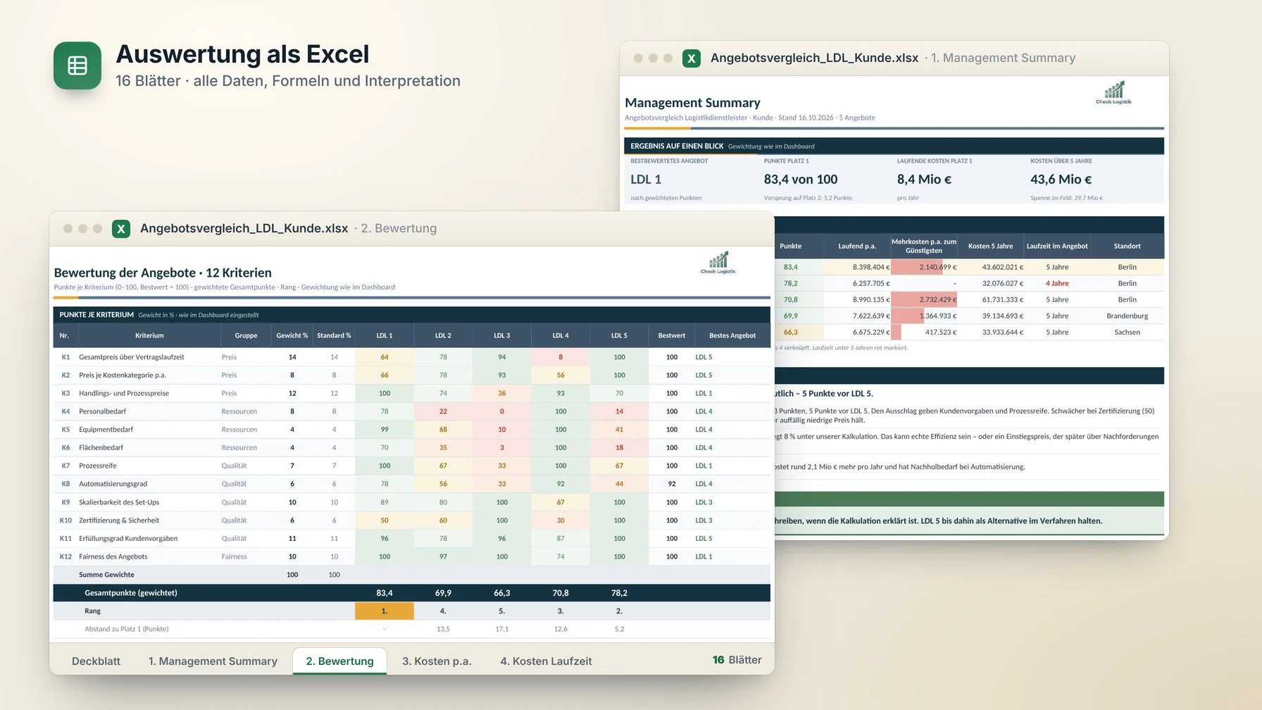 Vorschau der Excel-Auswertung mit Management Summary und Bewertung der Angebote